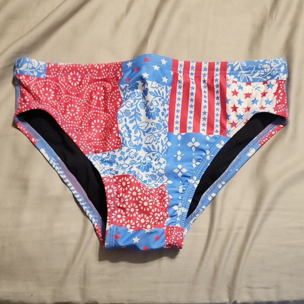TYR Men's Swim Briefs - Red, White, and Blue Patchwork. Fully Lined.
